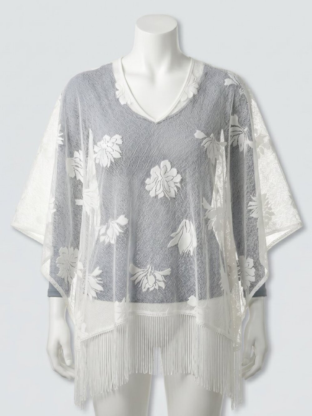 White Sheer Poncho Shawl Fringe Cover Up One Size Beach Resort Cruise Wrap NIP